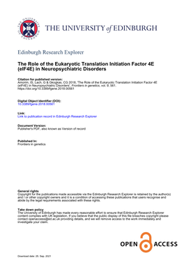 The Role of the Eukaryotic Translation Initiation Factor 4E (Eif4e) in Neuropsychiatric Disorders', Frontiers in Genetics, Vol