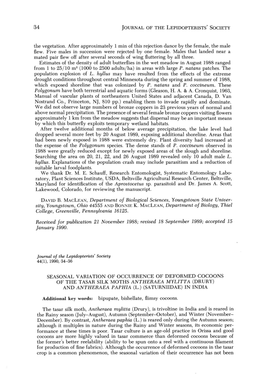 SEASONAL VARIATION of OCCURRENCE of DEFORMED COCOONS of the TASAR SILK MOTHS ANTHERAEA Mylltta (DRURY) and ANTHERAEA PAPHIA (L.) (SATURNIIDAE) in INDIA