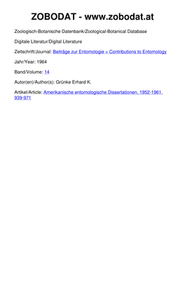 Amerikanische Entomologische Dissertationen, 1952 — 19611