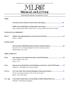 MEDIALAWLETTER Reporting Developments Through May 30, 2015