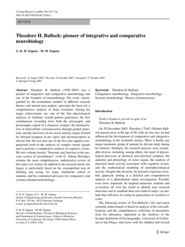 Theodore H. Bullock: Pioneer of Integrative and Comparative Neurobiology