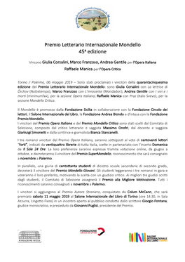 Premio Letterario Internazionale Mondello 45A Edizione