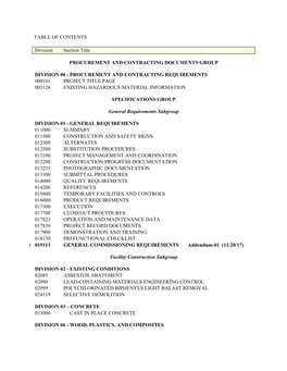 TABLE of CONTENTS Division Section Title PROCUREMENT AND