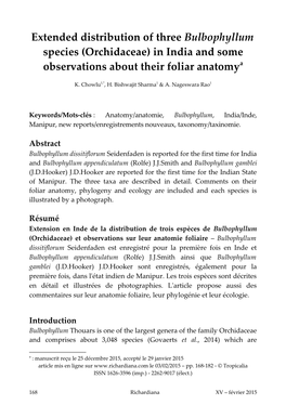 Extended Distribution of Three Bulbophyllum Species (Orchidaceae) in India and Some Observations About Their Foliar Anatomya