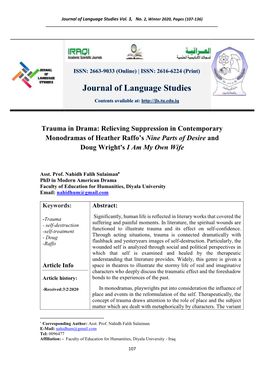 Trauma in Drama: Relieving Suppression in Contemporary Monodramas of Heather Raffo’S Nine Parts of Desire and Doug Wright's I Am My Own Wife