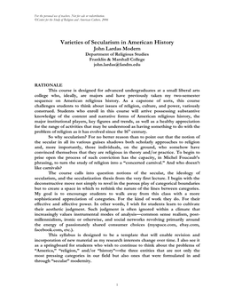 Varieties of Secularism in American History John Lardas Modern Department of Religious Studies Franklin & Marshall College John.Lardas@Fandm.Edu