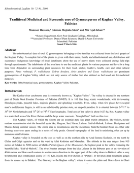 Traditional Medicinal and Economic Uses of Gymnosperms of Kaghan Valley, Pakistan