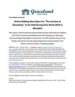 Online Bidding Now Open for “The Auction at Graceland,” to Be Held During Elvis Week 2019 in Memphis