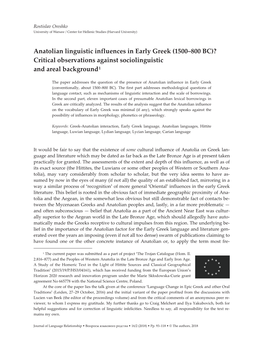 Anatolian Linguistic Influences in Early Greek (1500–800 BC)? Critical Observations Against Sociolinguistic and Areal Background1