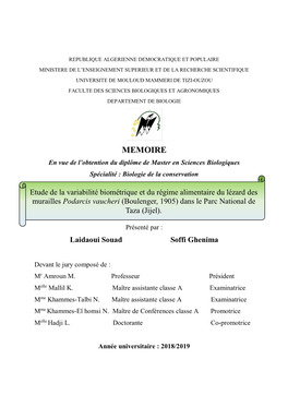 MEMOIRE En Vue De L’Obtention Du Diplôme De Master En Sciences Biologiques Spécialité : Biologie De La Conservation