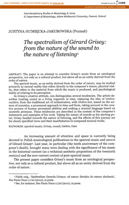 The Spectralism of Gerard Grisey: from the Nature of the Sound to the Nature of Listening1