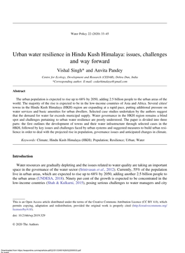 Urban Water Resilience in Hindu Kush Himalaya: Issues, Challenges And