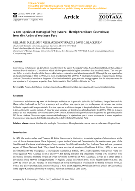 Anura: Hemiphractidae: Gastrotheca) from the Andes of Southern Peru