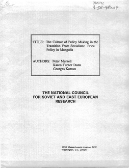 The Culture of Policy Making in the Transition from Socialism: Price Policy in Mongolia