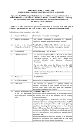 Meeting of the Puducherry Coastal Zone Management Authority to Be