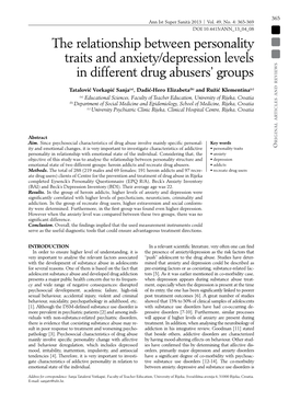 The Relationship Between Personality Traits and Anxiety/Depression Levels in Different Drug Abusers’ Groups Reviews