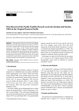 First Record of the Pacific Fanfish Pteraclis Aesticola (Jordan and Snyder, 1901) in the Tropical Eastern Pacific