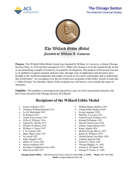 The Willard Gibbs Medal Founded by William A