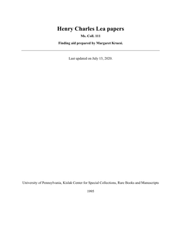 Henry Charles Lea Papers Ms