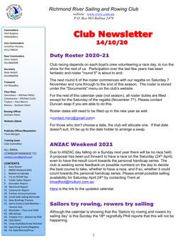 Richmond River Sailing and Rowing Club Website: P.O