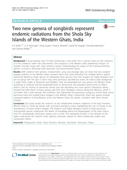 Two New Genera of Songbirds Represent Endemic Radiations from the Shola Sky Islands of the Western Ghats, India V.V