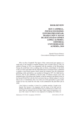 Book Review Roy Campbell. Poemas Escogidos. Estudio Preliminar, Traducción Y Notas De Jesús Isaías Gómez López. Almería