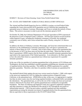 Establishment of Asian Citrus Psyllid Quarantine Areas in Alabama, Georgia, Mississippi, and South Carolina, And