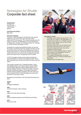 Norwegian Air Shuttle Corporate Fact Sheet