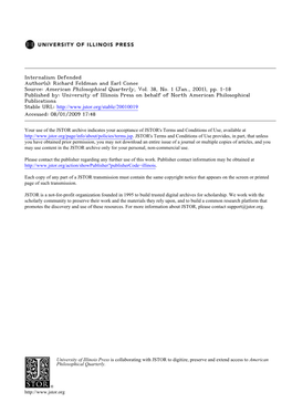 Internalism Defended Author(S): Richard Feldman and Earl Conee Source: American Philosophical Quarterly, Vol