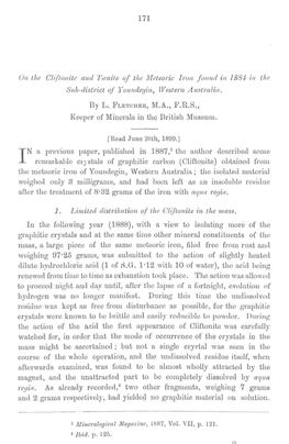 On the Cliftonite and Tmnite of the Meteoric Iron Found in 1884 in the Sub-District of Youndeyin, Western Australia. by L. FLETC