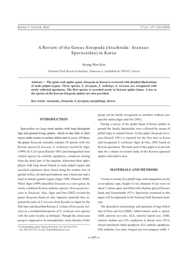 A Review of the Genus Sinopoda (Arachnida: Araneae: Sparassidae) in Korea