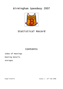 Birmingham Speedway 2007 Statistical Record Contents