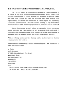 THE CAR TRUST of MEENAKSHIPATTI, TAMIL NADU, INDIA the CAR (Children & Adolescents Reconstruction)