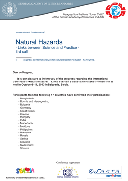 Natural Hazards - Links Between Science and Practice - 3Rd Call