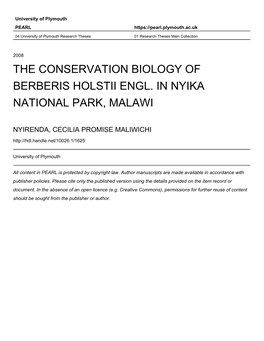The Conservation Biology of Berberis Holstii Engl. in Nyika National Park, Malawi
