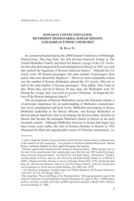 Hawaiian Connectionalism: Methodist Missionaries, Hawaii Mission, and Korean Ethnic Churches