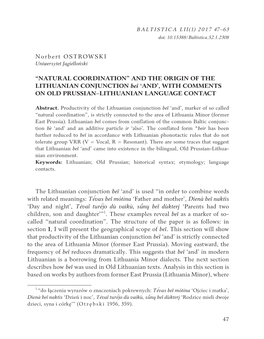 “NATURAL COORDINATION” and the ORIGIN of the LITHUANIAN CONJUNCTION Beĩ ‘AND’, with COMMENTS on OLD PRUSSIAN–LITHUANIAN LANGUAGE CONTACT