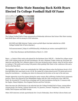 Former Ohio State Running Back Keith Byars Elected to College Football Hall of Fame