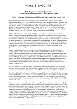 Hollis Taggart Announces Representation of Estate of Abstract Expressionist Painter Norman Bluhm Gallery to Present Solo Exhib