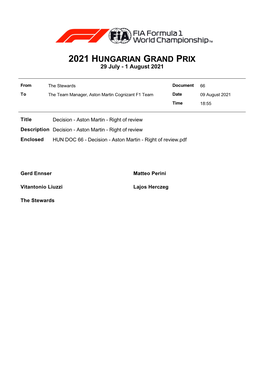 2021 HUNGARIAN GRAND PRIX 29 July - 1 August 2021