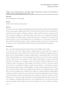 Selinger, Evan, Hubert Dreyfus, and Harry Collins, Interactional Expertise and Embodiment, Studies in History and Philosophy of Science, 2007, 1-19