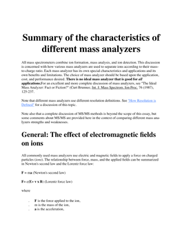 Summary of the Characteristics of Different Mass Analyzers