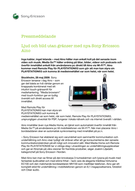 Pressmeddelande Ljud Och Bild Utan Gränser Med Nya Sony Ericsson Aino