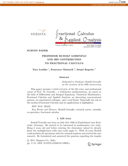 SURVEY PAPER PROFESSOR RUDOLF GORENFLO and HIS CONTRIBUTION to FRACTIONAL CALCULUS Yury Luchko , Francesco Mainardi , Sergei