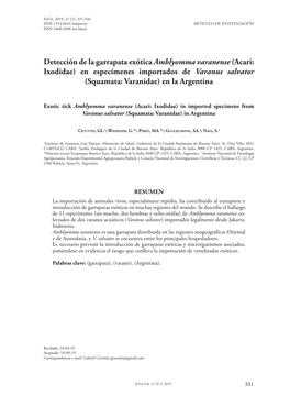 Detección De La Garrapata Exótica Amblyomma Varanense(Acari: Ixodidae) En Especímenes Importados De Varanus Salvator (Squamat