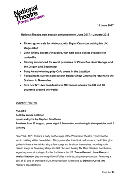 15 June 2017 National Theatre New Season Announcement June 2017