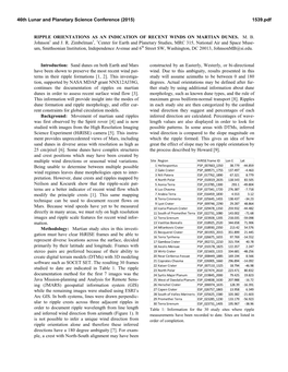 RIPPLE ORIENTATIONS AS an INDICATION of RECENT WINDS on MARTIAN DUNES. M. B. Johnson1 and J. R. Zimbelman1, 1Center for Earth An