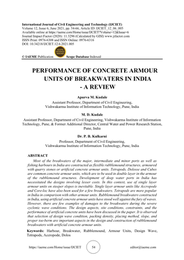 Performance of Concrete Armour Units of Breakwaters in India - a Review