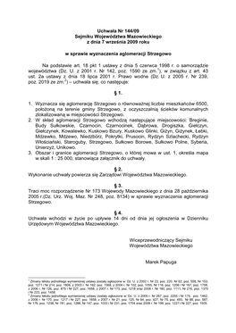 Uchwała Nr 144/09 Sejmiku Województwa Mazowieckiego Z Dnia 7 Wrze Śnia 2009 Roku