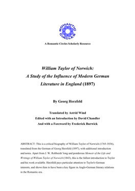 William Taylor of Norwich: a Study of the Influence of Modern German Literature in England (1897)